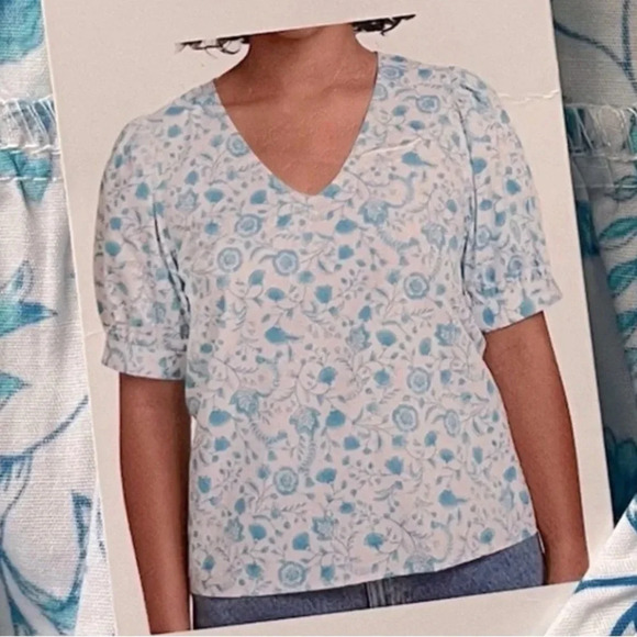 Draper James Womens V Neck Puff Sleeve Top Blouse‎ NWT Size XS Blue Floral Print - Picture 9 of 9